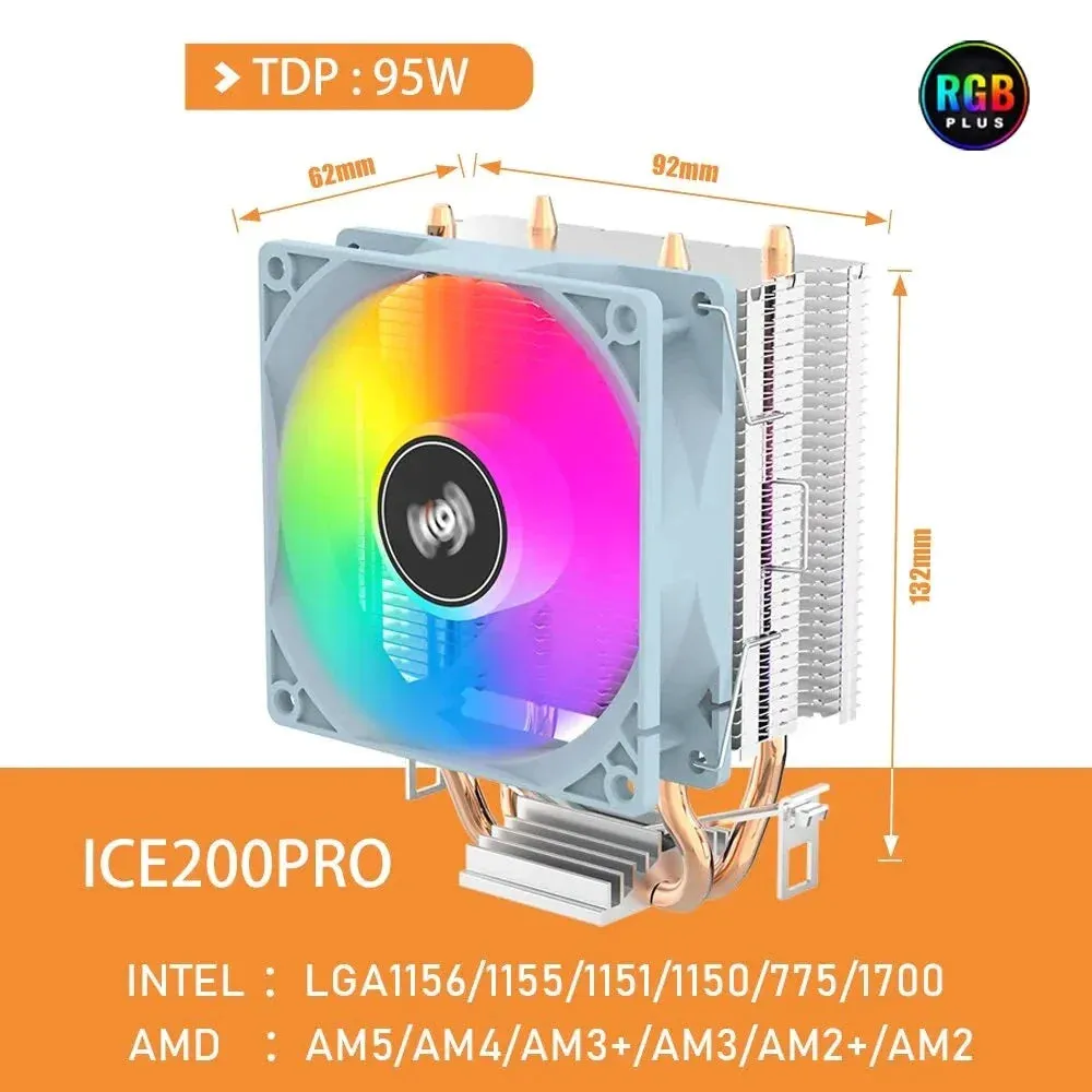 Aigo Ice200pro Air Cpu Cooler 2 Heatpipes 3pin Pwm Fan Quiet Ventilador Intel 115x 1200 1700 Am4 Am5 Amd