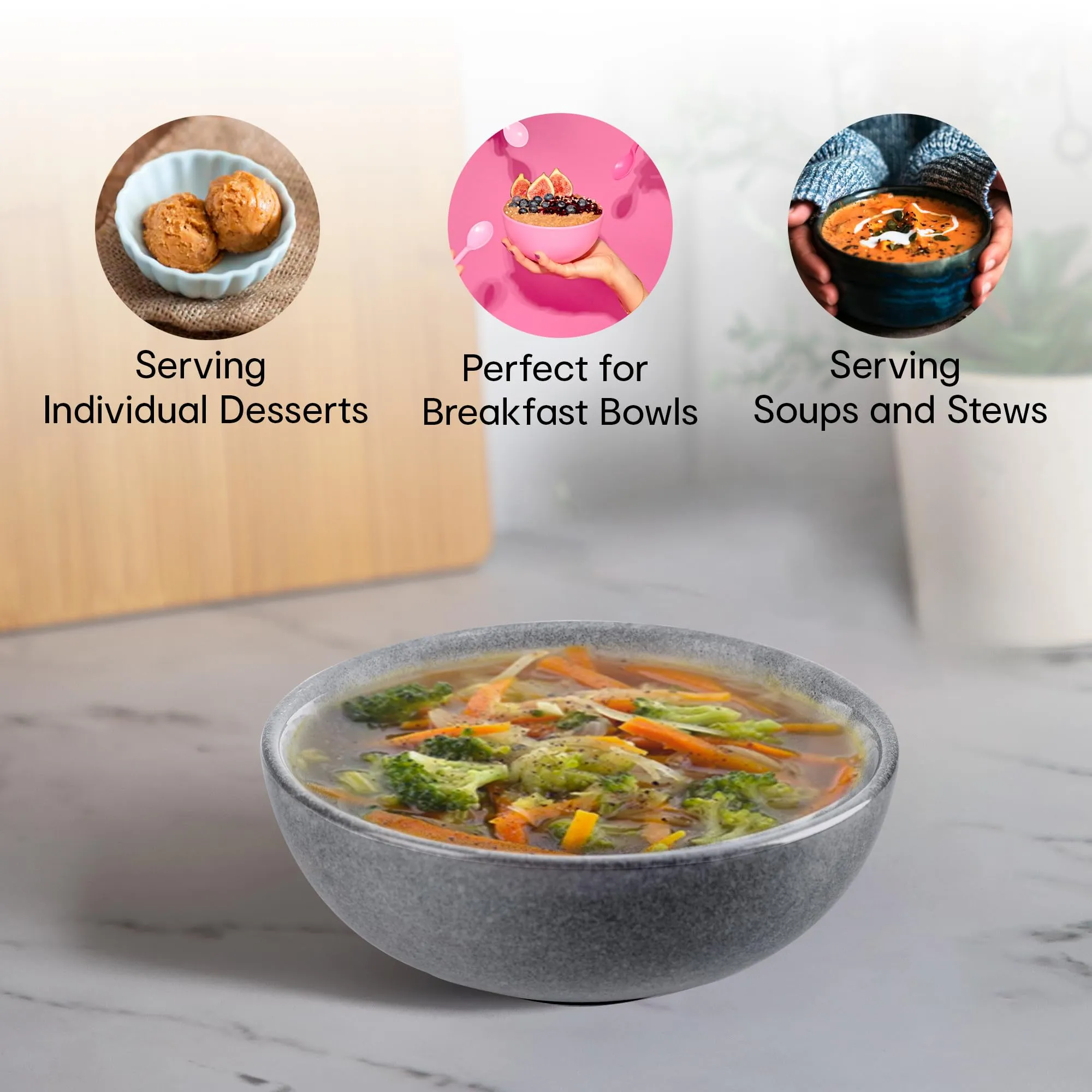 Anko 6" Glazed Stoneware Bowls - Set of 6 | Lightweight Daily Use Premium Crockery for Dining Table Ideal for Serving Soup, Salad, Dessert | Designer Bowls for Home, Kitchen, Restaurant | Grey