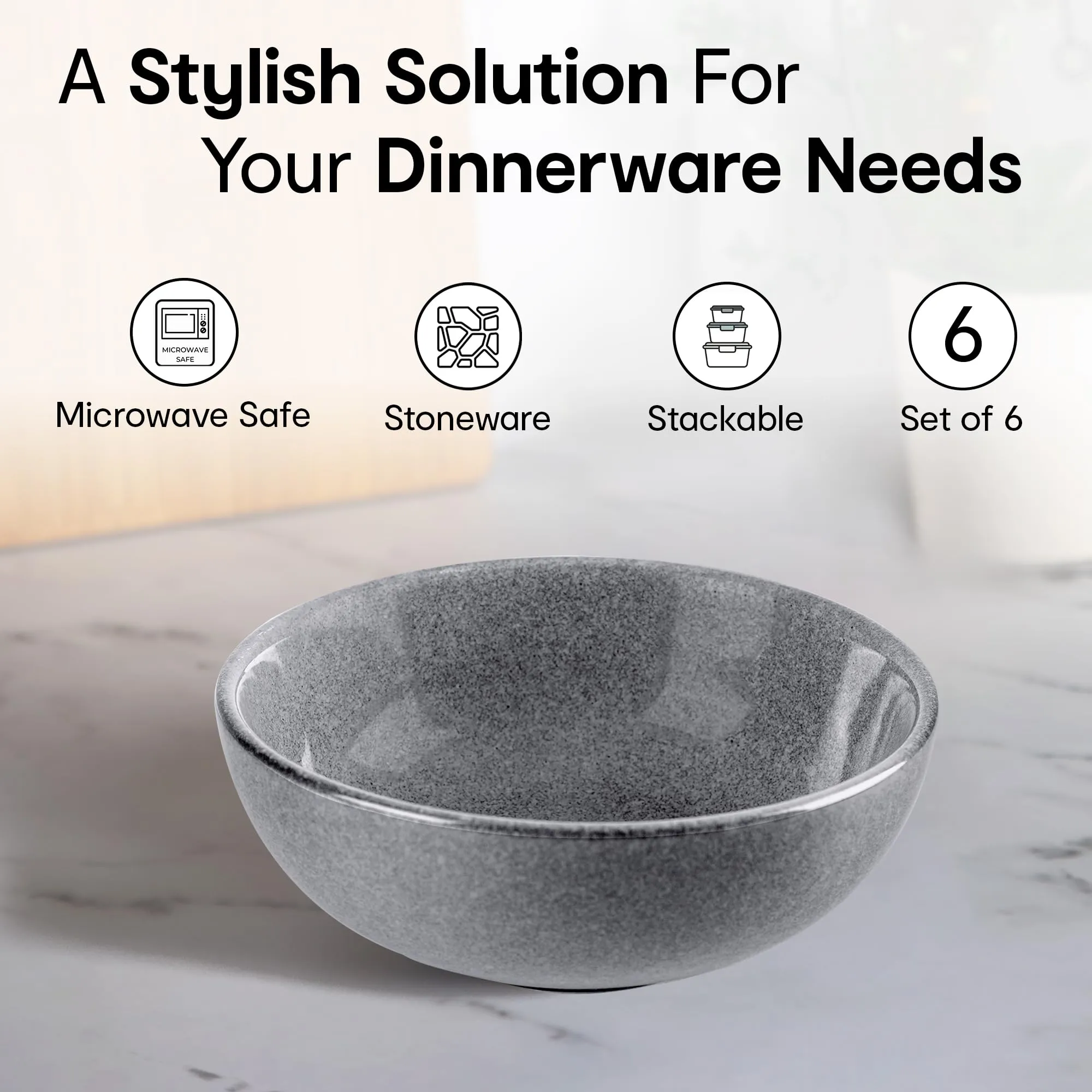 Anko 6" Glazed Stoneware Bowls - Set of 6 | Lightweight Daily Use Premium Crockery for Dining Table Ideal for Serving Soup, Salad, Dessert | Designer Bowls for Home, Kitchen, Restaurant | Grey