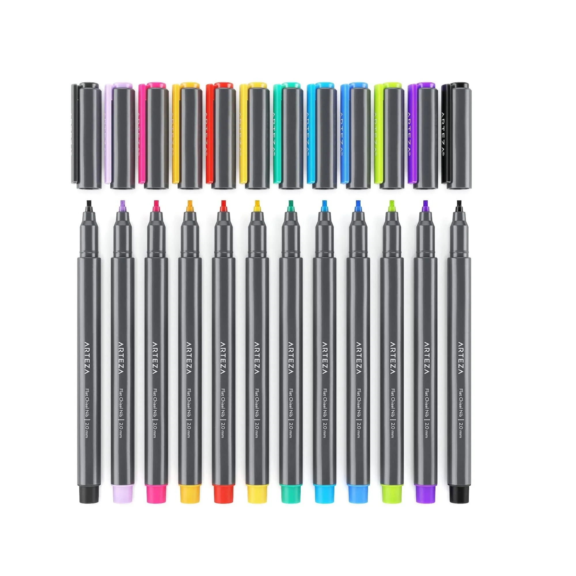 Calligraphy Markers | Set of 12 | Flat Chisel-Tip Marker Pens 11 Unique Colors | 2mm Nibs