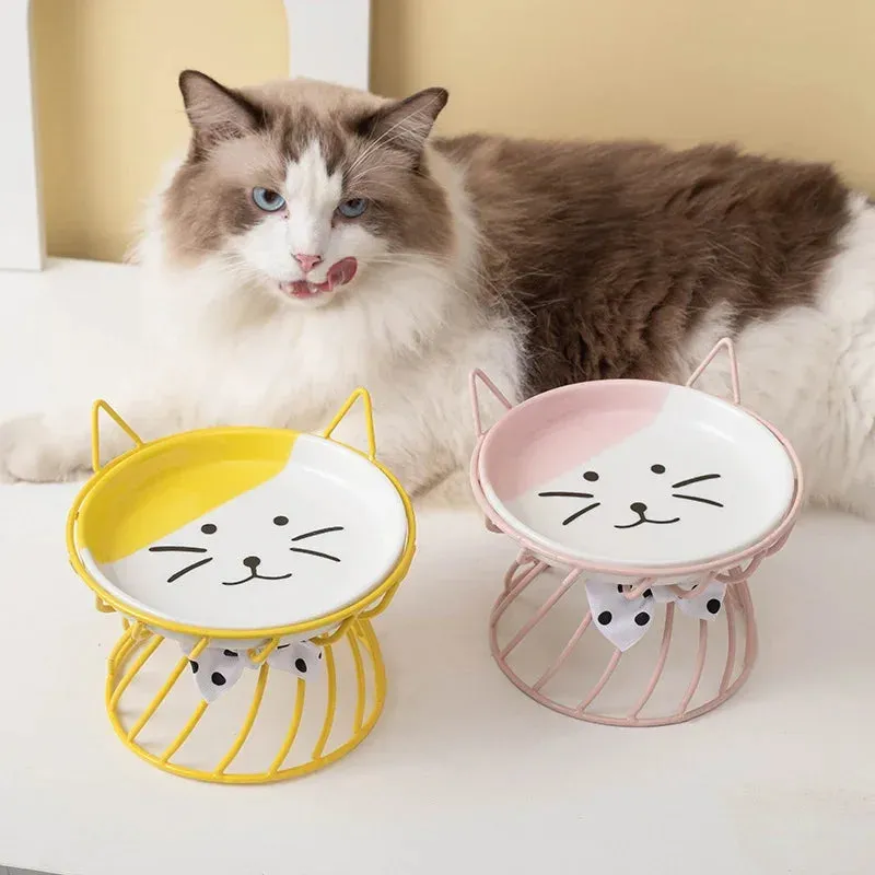 Elevated Ceramic Cat Bowl with High-Foot Design and Neck Guard