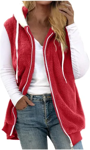 Fuzzy Fleece Vest For Women Zip Up Fall Fashion Hooded Sleeveless Sherpa Jacket With Pockets Lightweight Vest