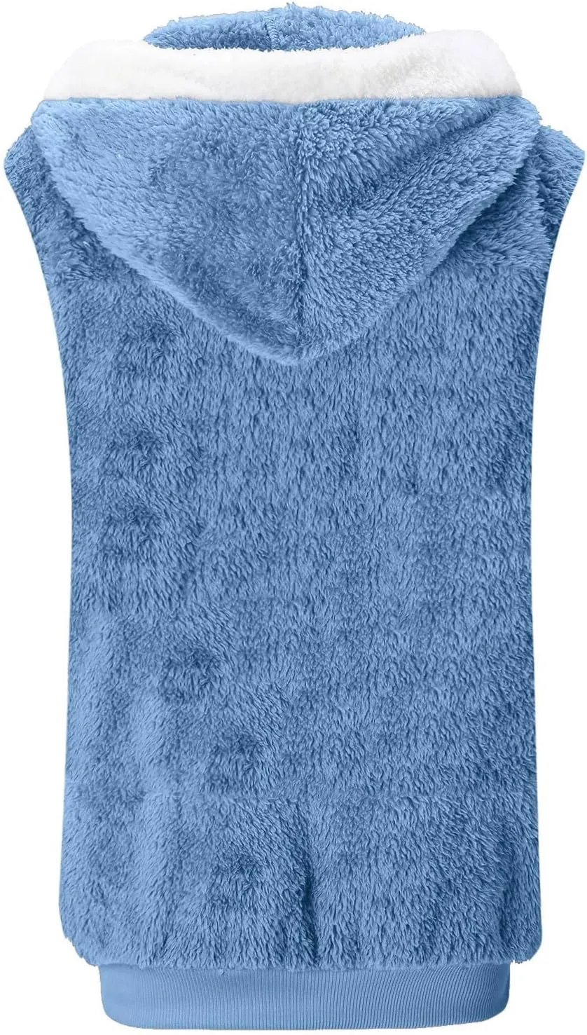 Fuzzy Fleece Vest For Women Zip Up Fall Fashion Hooded Sleeveless Sherpa Jacket With Pockets Lightweight Vest