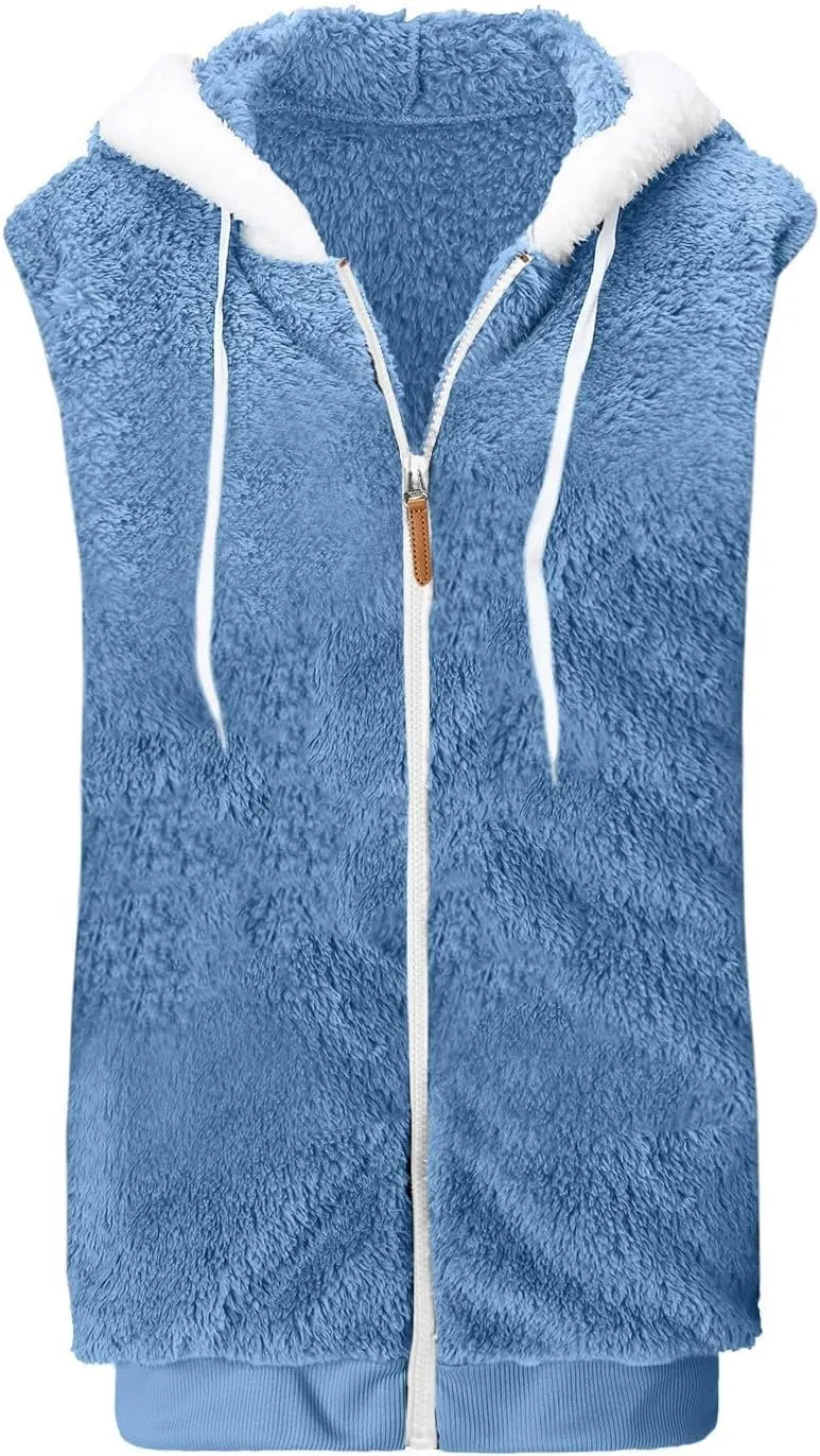 Fuzzy Fleece Vest For Women Zip Up Fall Fashion Hooded Sleeveless Sherpa Jacket With Pockets Lightweight Vest
