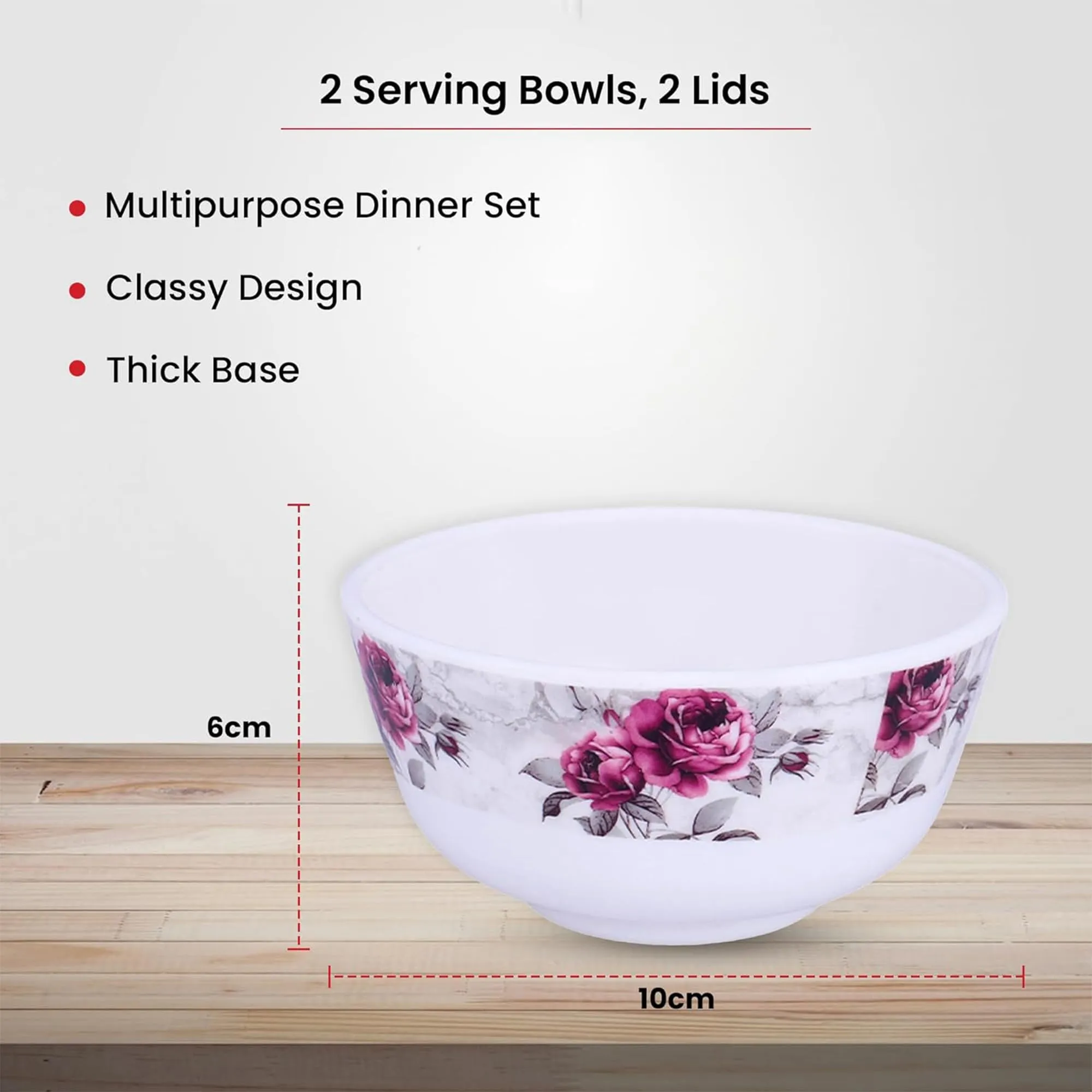 Kuber Industries Shatter Resistant Melamine White Bowls Set of 6 | Lightweight, BPA Free Aesthetic Bowl Set | Pink Flower - White