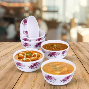 Kuber Industries Shatter Resistant Melamine White Bowls Set of 6 | Lightweight, BPA Free Aesthetic Bowl Set | Pink Flower - White