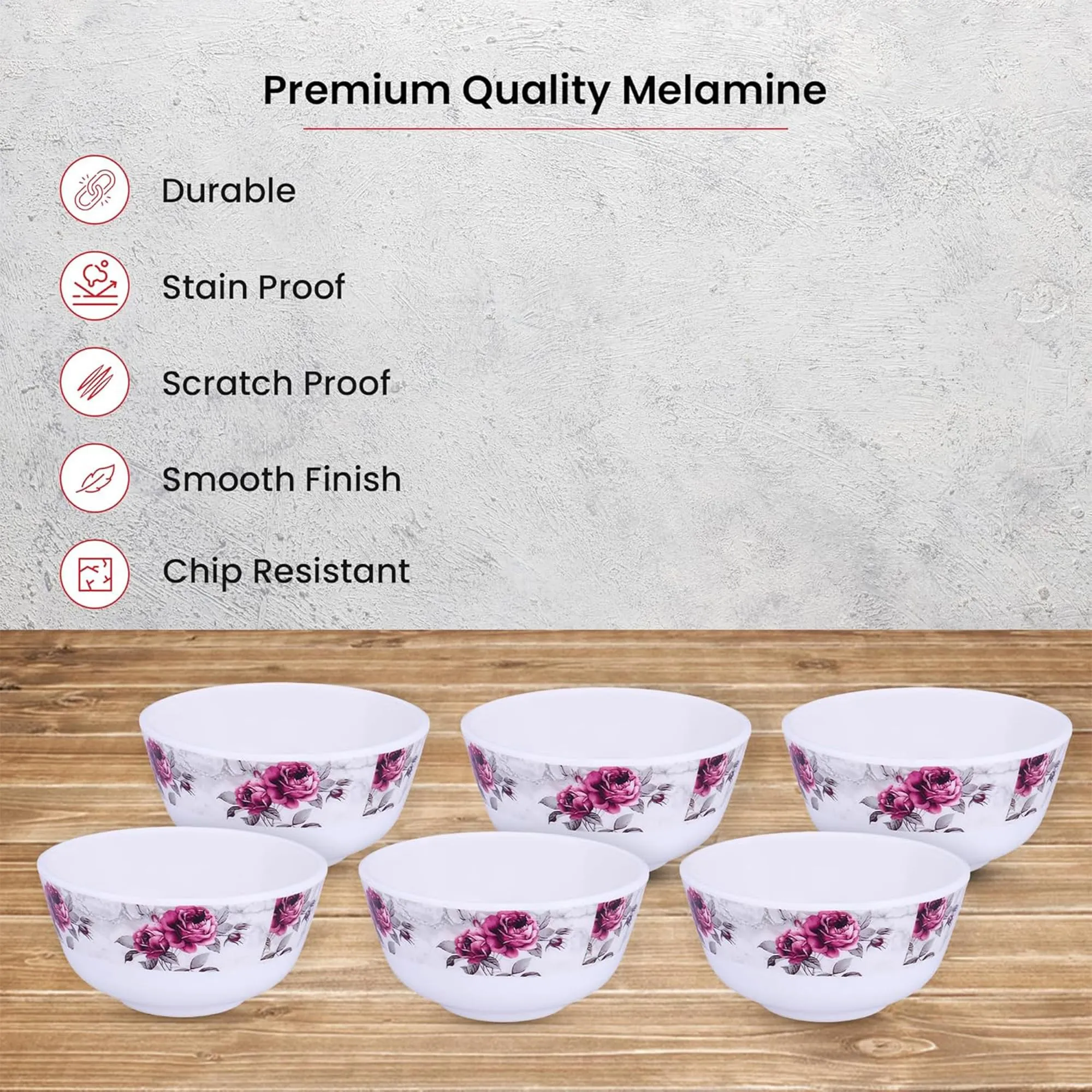 Kuber Industries Shatter Resistant Melamine White Bowls Set of 6 | Lightweight, BPA Free Aesthetic Bowl Set | Pink Flower - White