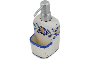Polish Pottery Soap dispenser with holder Orange And Blue Flower