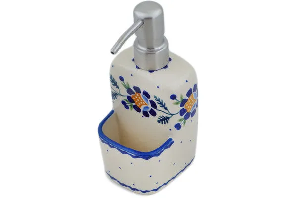 Polish Pottery Soap dispenser with holder Orange And Blue Flower