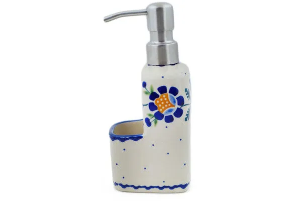 Polish Pottery Soap dispenser with holder Orange And Blue Flower