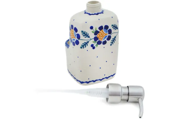 Polish Pottery Soap dispenser with holder Orange And Blue Flower