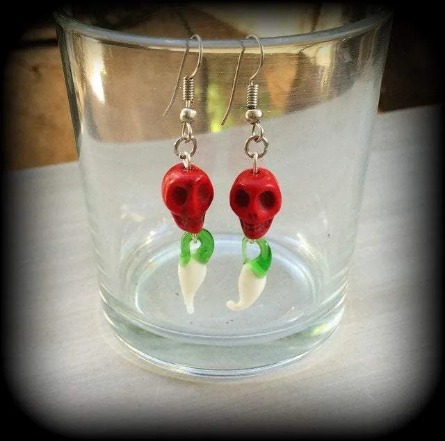Skull earrings Chilli earrings Day of the Dead earrings Cinco de Mayo earrings Stone earrings Glass earrings Pierced ears Stretched ears