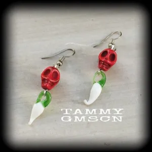Skull earrings Chilli earrings Day of the Dead earrings Cinco de Mayo earrings Stone earrings Glass earrings Pierced ears Stretched ears