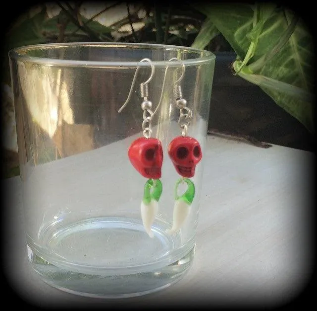 Skull earrings Chilli earrings Day of the Dead earrings Cinco de Mayo earrings Stone earrings Glass earrings Pierced ears Stretched ears