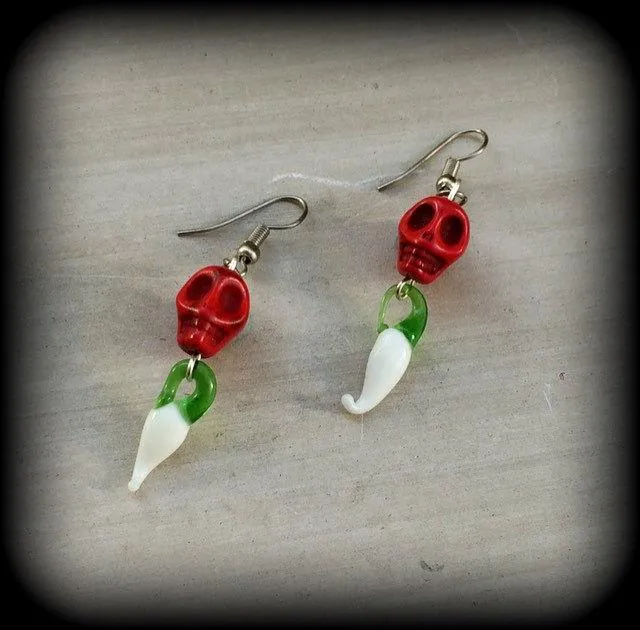 Skull earrings Chilli earrings Day of the Dead earrings Cinco de Mayo earrings Stone earrings Glass earrings Pierced ears Stretched ears