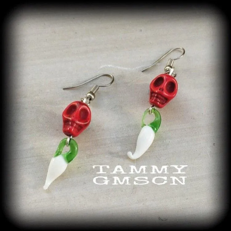 Skull earrings Chilli earrings Day of the Dead earrings Cinco de Mayo earrings Stone earrings Glass earrings Pierced ears Stretched ears